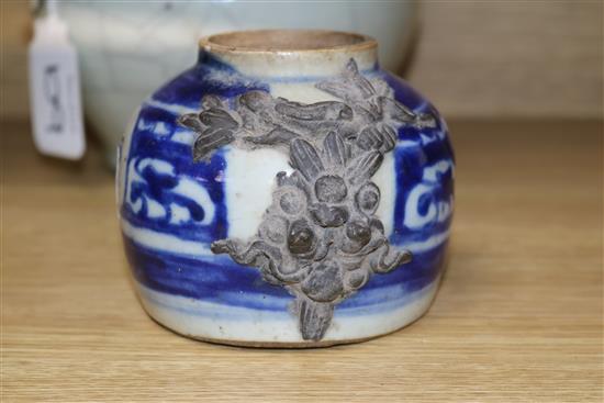 Three Chinese porcelain jars, Qing Dynasty - one crackleglaze, a blue and white and a famille rose example tallest 14cm